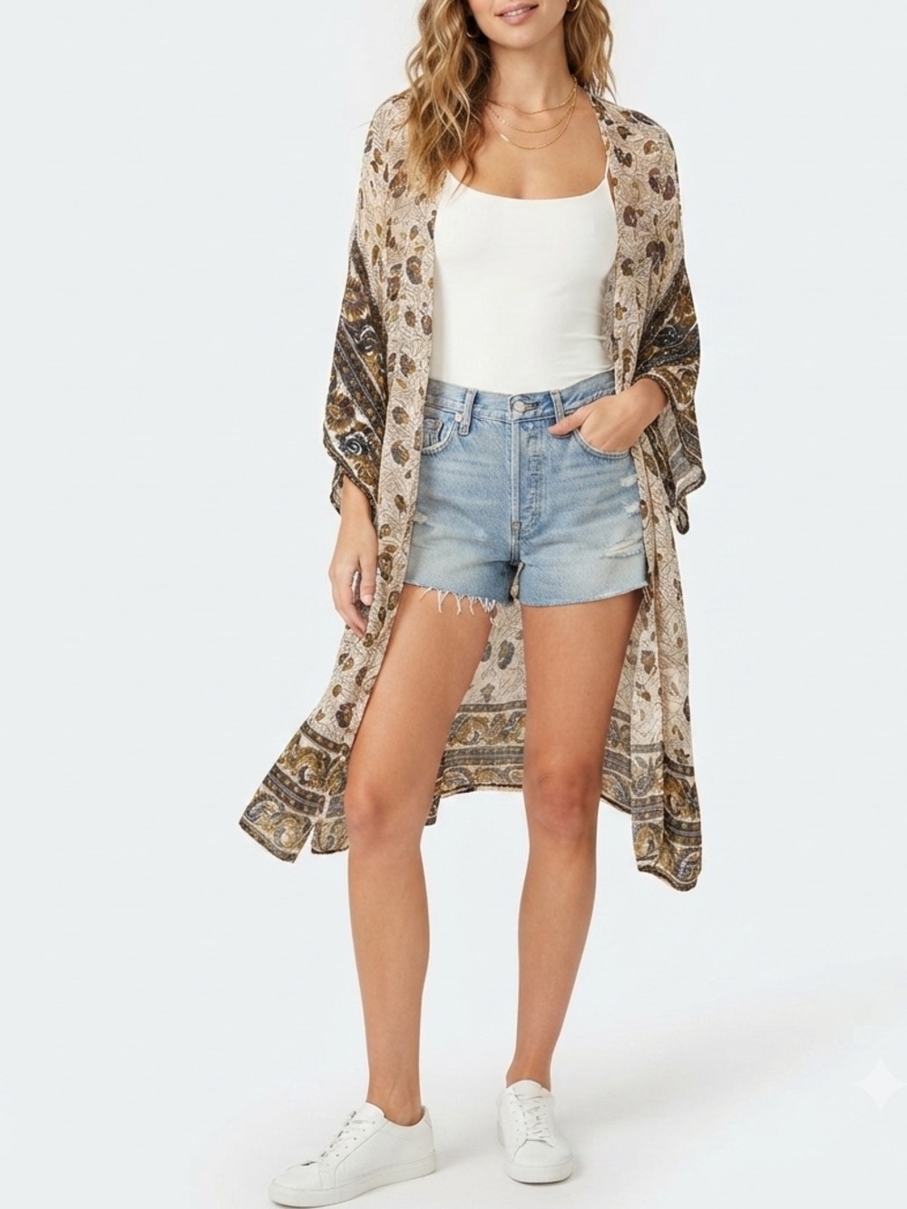 Band of Gypsies Cream Floral Paisley Open Front Kimono Duster Cardigan XS